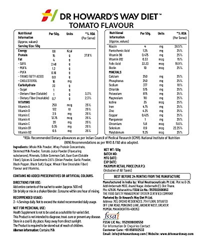Image of Dr Howard's Way Diet | Total Food Replacement | Tomato Soup For Weight Loss & Management | Healthy Meal Replacement | Essential 13 Vitamins & 14 Minerals | Less than 200 Calories Per Meal Pack | For Men & Women | 50Gm (Vegetarian)
