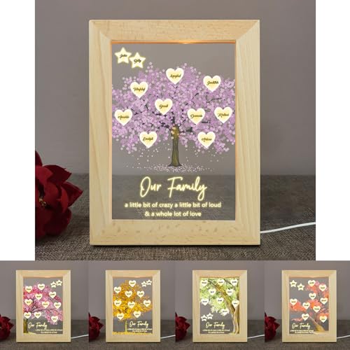 Smallduuck Personalized LED Family Tree Frame Light with 1-15 Grandkids Name Custom Our Family Wooden Sign Plaque Family Tree Memory Shadow Box Gift for Christmas Grandma Mom Wife Lover