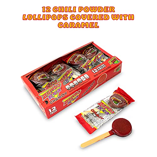 Zumba Rica Chamoy Chili Powder Lollipop 12Pcs - Chamoy Lollipops With Chili Powder Cover With Caramel - Mexican Lollipop - Chamoy Candy - Mexican Suckers With Chili Powder - Mexican Candy #TOP1
