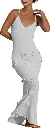 RanRui 3D Flower Maxi Dress Sexy Backless Dresses Long Sleeve Off the Shoulder Bodycon Knit Dress Beach Cover Up