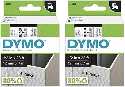 DYMO Cinta de etiquetado estándar D1 45010 (impresión negra sobre cinta transparente, 12 pulgadas de ancho x 23 pies de largo, 1 cartucho), DYMO
