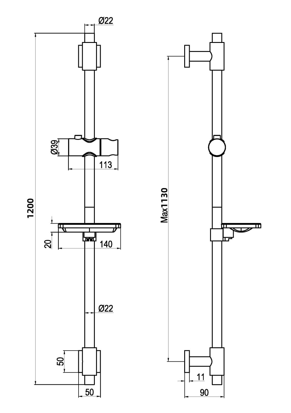 Brausestange 120cm mit Seifenschale, Edelstahl SUS304 Duschstange mit Duschkopfhalterung Handbrause Stange Duschkopfhalter Höhenverstellbar Chromt,H811-120HC