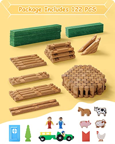 Image of SainSmart Jr. Wooden Log Cabin Set Farm Building House Toy for Toddlers, 122 PCS Classic STEM Construction Kit with Colorful Wood Logs Blocks for 3+ Years Old