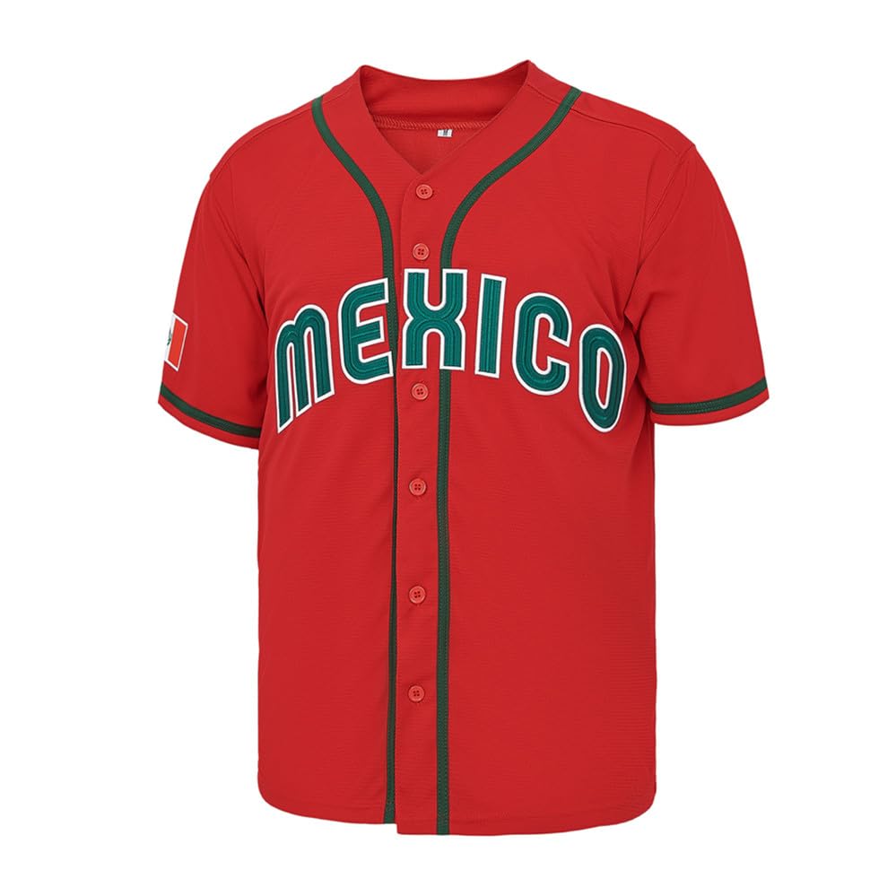Jersey de béisbol para hombre Madjus México rojo tallas M a 3XL con botones y manga corta miniatura 2