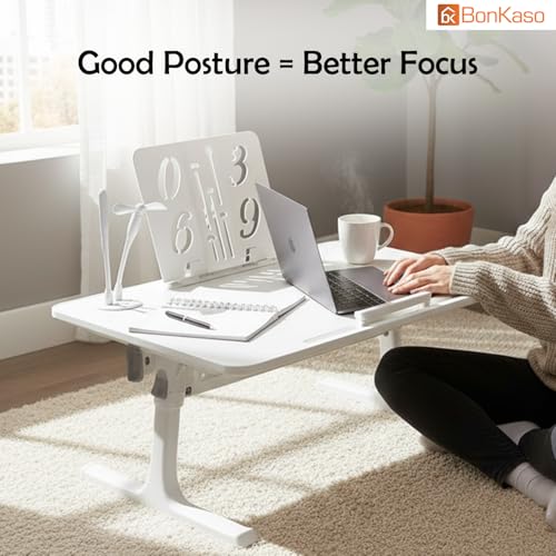 Image of BonKaso Adjustable Laptop Table for Bed (60x40 cm) | Foldable Lap Desk with Book Holder & Mobile Stand | Engineered Wood Portable Study Table for Work from Home, Reading & Study (White)