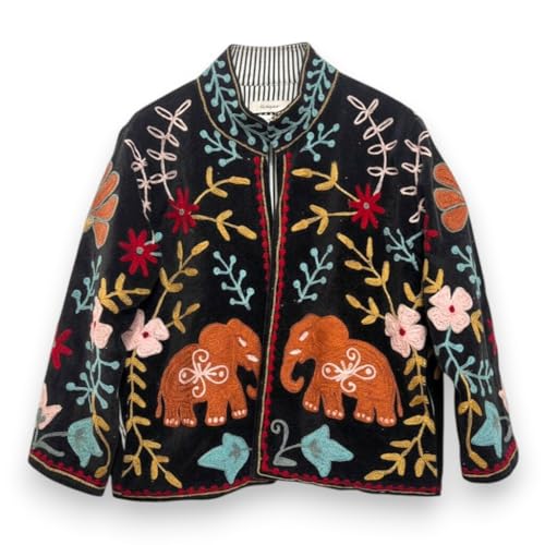 Women's Black Embroidered Jacket, Boho Floral and Elephant Design, Colorful