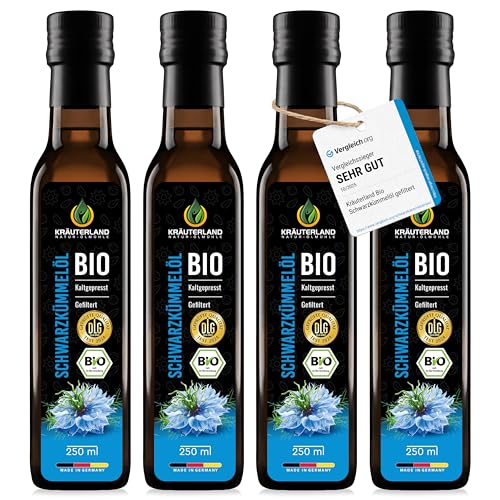Produktfoto von Kräuterland Bio Schwarzkümmelöl kaltgepresst gefiltert 4x250ml (1Liter)