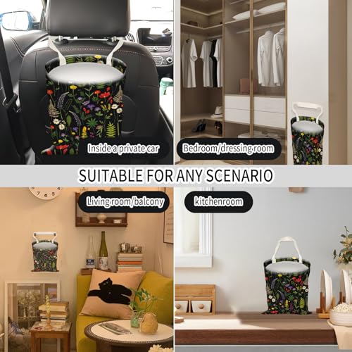 Image of Car Trash Can, Hanging Garbage Bin for Men and Women, Cute Car Organizer and Storage Bag, Canvas Vehicle Trash Can Bag Easy-to-Install Cute Black Floral