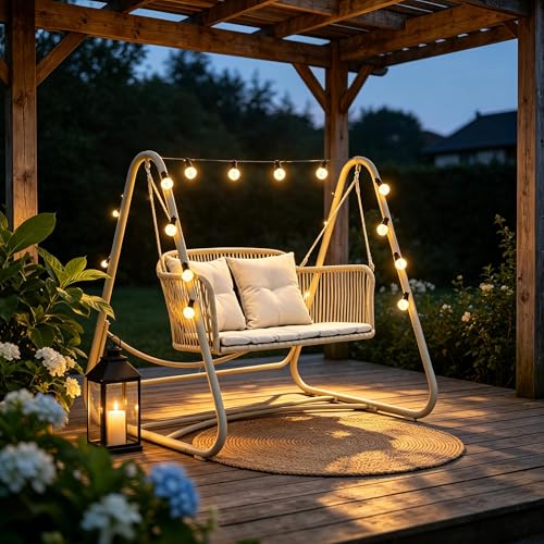 Image of PURPLE LEAF 2-Seat Cloud Swing Chair with Stand and 12 Clear LED Lights Patio Wicker Hanging Swinging for Indoor Backyard Garden Outdoor Hammock Porch Swing, Cushion and Pillows Included, Cream