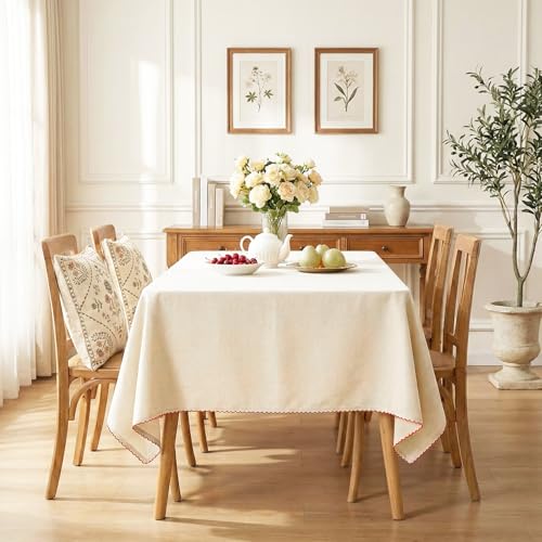 Image of Embroidered Edge Trim Tablecloth - (100% Cotton) 8 Seater Rectangle Tabelcloth- Milk Cream