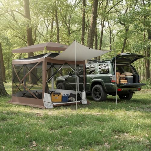 Image of COBIZI 12x12 FT Pop Up Canopy Extendable Tent, Gazebos On Clearance With Removable Roof, Screened In Gazebo,Screen Tents Portable carpas para patio for Outdoor Camping,Backyard, Garden,Brown(Upgraded)