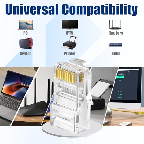 Image of 50 Pack Cat5e RJ45 Pass Through Connectors, UTP Ethernet Cable Ends | Awishwell Cat5 RJ45 Connector Plugs for Solid & Stranded Wire, Modular Crimp Ends for Network LAN Cable Termination