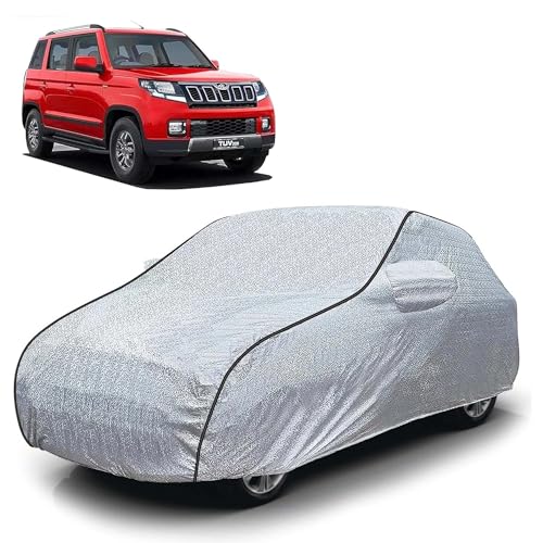 Image of Sulfar 100% Waterproof Car Body Cover Compatible with Mirror for Mahindra TUV300 (Triple Stitched, Full Bottom Elastic, Magic Silver with Black Piping)