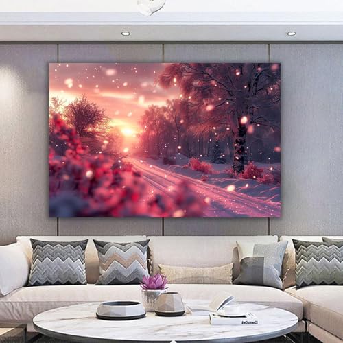 Tableau toile déco coucher de soleil d'hiver peinture paysage forêt rose or pour mur salon