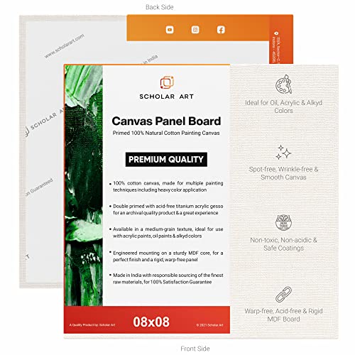 Image of Scholar Art Hobby Series 04 Oz (230 GSM) 100% Cotton Canvas Panel Board for Painting (White Blank Canvas Boards for Acrylic Paint, Oil Paint, Wet & Dry Media) | 08 inchx08 inch (20x20 cm), Pack of 6