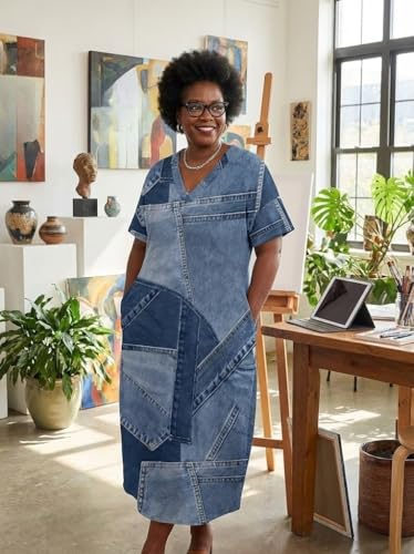 Image of Plus Size Maxi Dress for Women Short Sleeve V Neck Casual Loose Sundress with Pockets