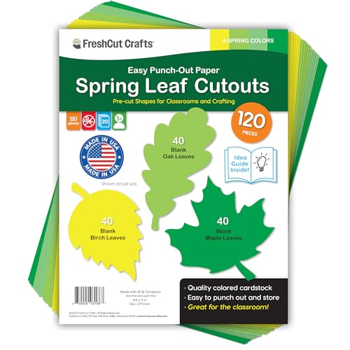 120 Pieces Spring Leaf Paper Cutouts with IDEA Guide 2-Sided US Made Card Stock Punch Out Maple Oak and Birch Leaves for Bulletin Boards Classroom Decor Spring Crafts DIY Scrapbook and Posters