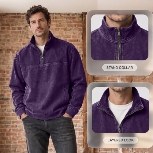 Men's Denim Shirt Washed Vintage 1/4 Zip Pullover Shirt with Pockets - image 8