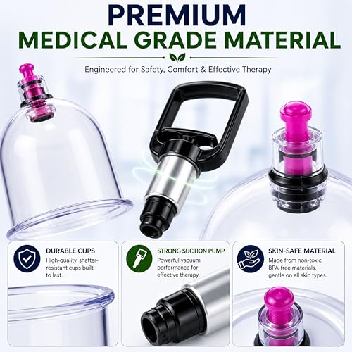 Image of Premium Hijama Cupping Therapy Set for Pain Relief, Muscle Recovery, Detoxification and Blood Circulation Improvement| Professional Vacuum Suction Cups Kit with Strong Pump for Home and Clinical Use|Durable, Skin-Safe Medical Grade Material for Safe and Effective Treatment| (Black Pump and 24 Cups (4 Pair, Size 1-6)