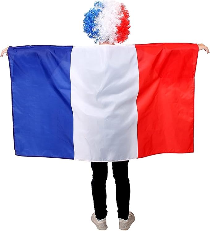 French Flag Wearable France Flag Cape + French Flag Afro Wig Fancy Dress Accessory Set, for Sporting Events & National Days - Pack Of 3