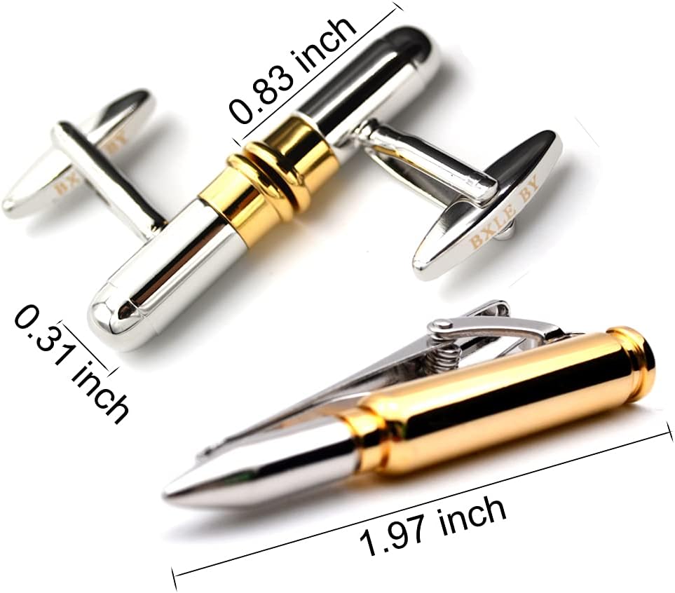 Bullet Cufflinks Tie Clip Set, Gold Cuff Links for Men, Men's Gun Shot Tie Bar Clip, Mens Cufflink, Bullets Stickpins and Cuff link Gifts for Hunter Soldier Cops Policemen (Gift Boxed Tie Pin + Cufflink)