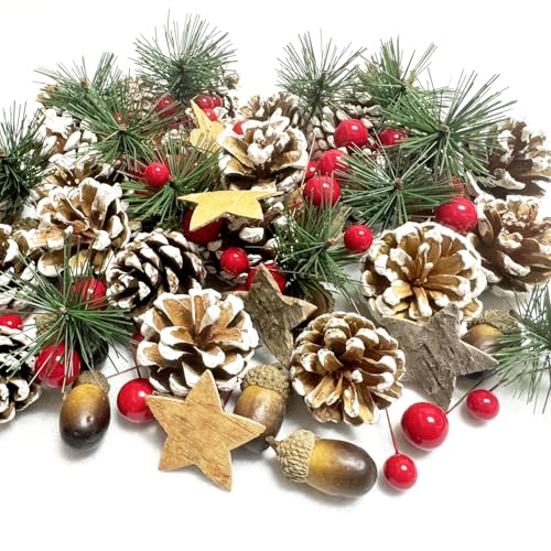 LANMANUO Christmas Wreath Making Supplies, 108PCS Artificial Pine Cones Holly Red Berries Pinecones Branches for Xmas Wreath Decorations Crafts DIY Floral Craft