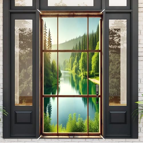Image of Faux Window Door Cover - Forest Lake Front Door Decorations
