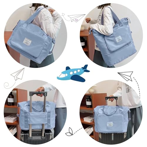 Image of Large Capacity Folding Travel Tote Bag, Oxford Fabric Waterproof Lightweight Foldable Travel Duffel Bag, Portable Expandable Travel Bag, Dry and Wet Separation Carry On Bag for Airplanes (Light Blue)
