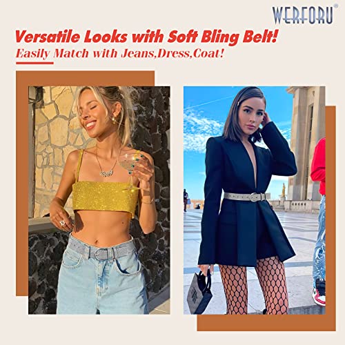 WERFORU Women Bling Rhinestone Diamond Jeans Dress Belt Shiny Crystal Glitter Waist Belt with Silver Buckle3