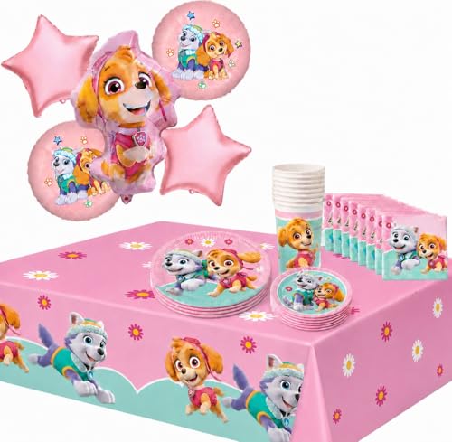 Procos Paw Patrol Skye and Everest Girl Birthday Party Supplies Plates Cups Napkins Table Cover Decorations for 16 people Plus Balloons