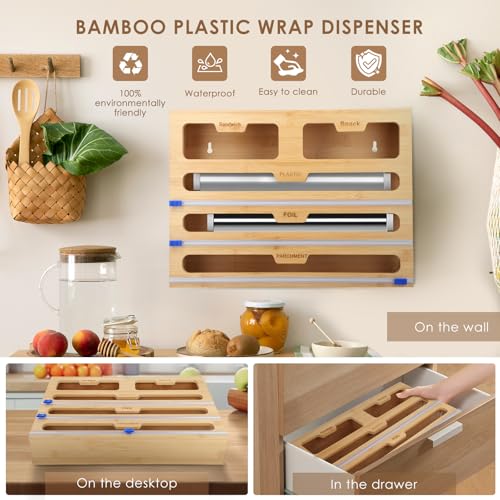 Bamboo 40 cm rotolo da cucina pellicola trasparente e organizer in alluminio – dispenser 5 in 1 taglierina per cassetto