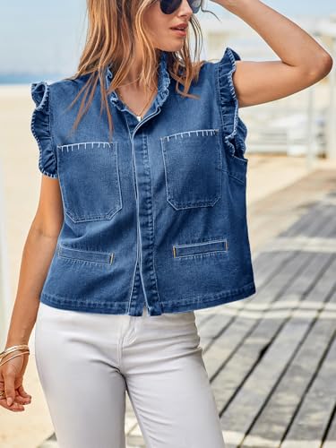 Tankaneo Womens Denim Vest Ruffle Sleeve Summer Causal Cropped Jean Vests Tops Sleeveless Jackets4
