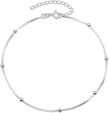 Amberta Italian Sterling Silver Anklet for Women 925 | Adjustable Ankle Bracelets for Women Beaded Heart Summer Jewelry