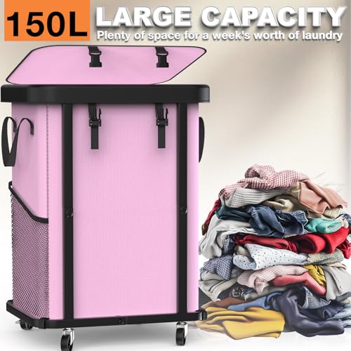 Image of 150L (40 Gal) Large Fashion Laundry Basket with Wheels, Leather Patchwork Rolling Hamper Carts, Sturdy Metal Frame, Removable Washable Bag, Tall Clothes Sorter for Bedroom (Pink, 1 Section-150L)