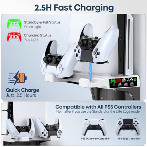 Soporte de Pared para PS5 con Cargador Mando, Compatible con Consolas PlayStation 5 Original/Slim/Pro, Ventilador de Refrigeración para PS5 con 3 Velocidades, Soporte Vertical para PS5 Accesorios - imagen 4