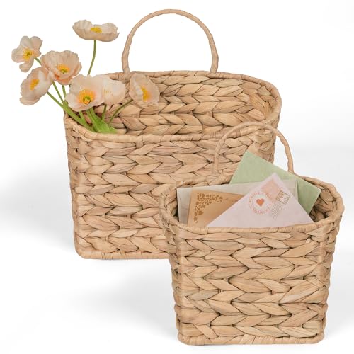 iEGrow Set of 2 Hanging Basket, Wicker Wall Basket Natural Water Hyacinth, Hanging Baskets for Organizing and Decor, Storage Baskets for Door Mounted Entryway Flower Mail Plant Garden