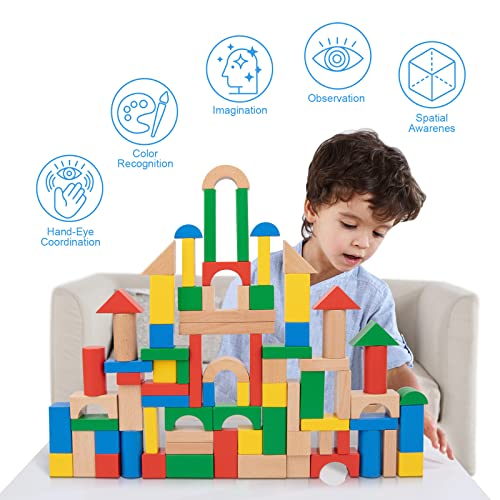 Tookyland 100 Pieces Wooden Building Blocks, Shape Sorting Stacking Toy For Kids With Storage Bucket, Montessori Toys For 1 2 3 Year Old Girls Boys #TOP1