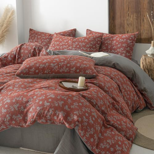 Image of VM VOUGEMARKET Linen Cotton Duvet Cover Set Queen Size,Rust Red Floral Print, Double Layer Gauze, Soft Breathable Bedding Set with Zipper Closure, 3 Pieces (1 Duvet Cover + 2 Pillow Shams)