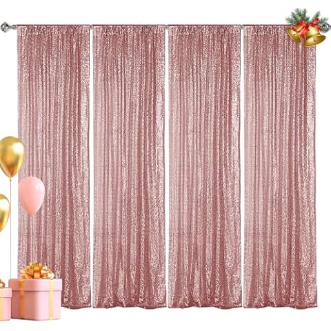 Hahuho Rose Gold Sequin Backdrop Curtain, 4PCS 2FTx8FT Glitter Backdrop Curtain for Parties, Christmas, Wedding, Party Decoration（4 Panels, 2FT x 8FT, Rose Gold Cover