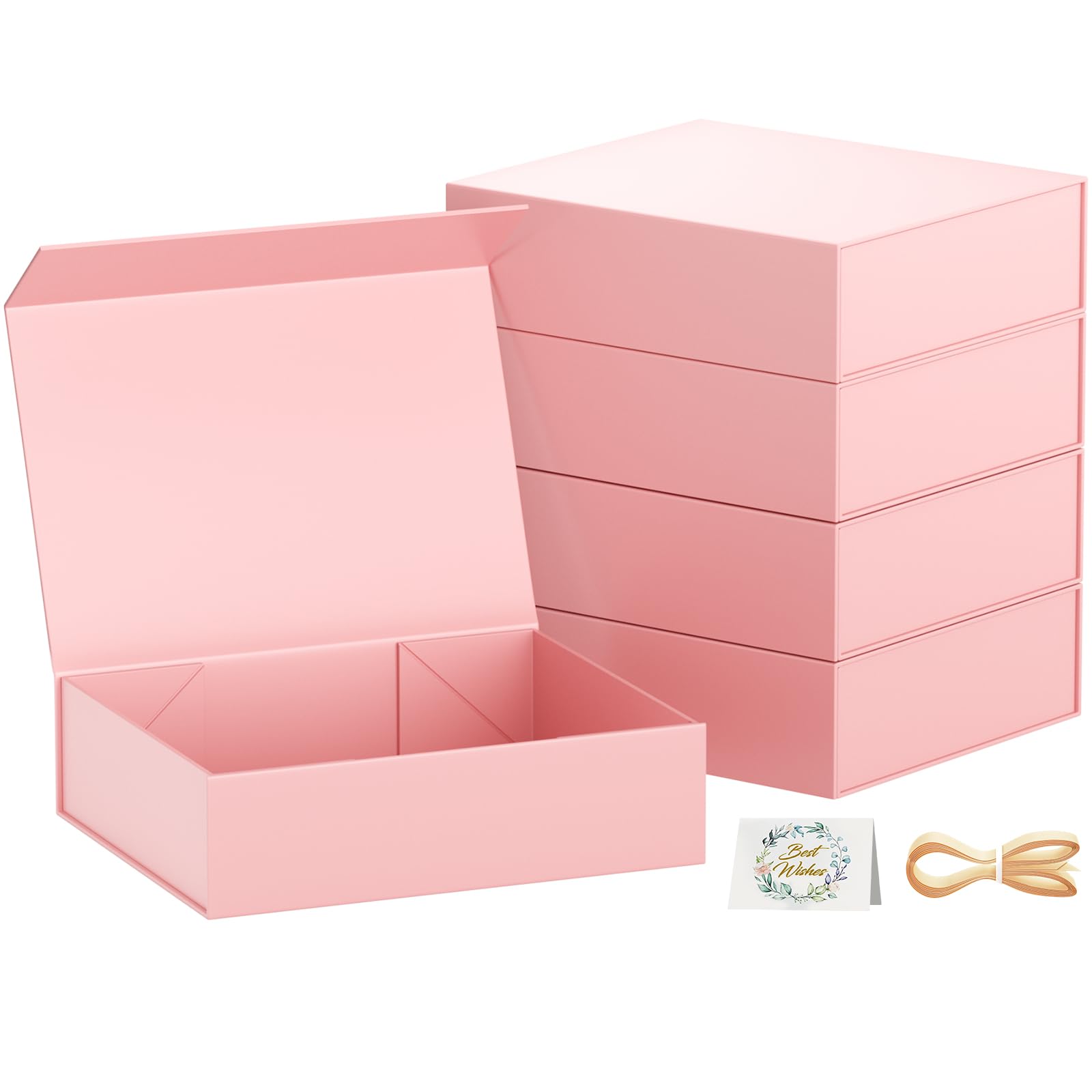 Gift Boxes with Lids, 11.5x7.8x3 In Pink Gift Box for Presents Magnetic Closure for T-Shirts, Gloves, Scarves, Books, Baby Clothes, Clothing Gift Wrap, Contains Card, Ribbon (5PACK)