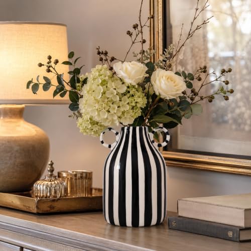 Image of Black and White Striped Ceramic Vase with Double Ring Handles