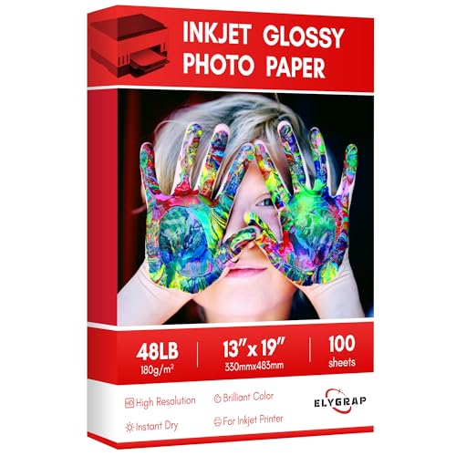 Elygrap Glossy Inkjet Photo Paper 13X19 Inches 48lb 100 Sheets Professional Glossy Photographic Paper Compatible with Inkjet Printer Use DYE INK 180GSM