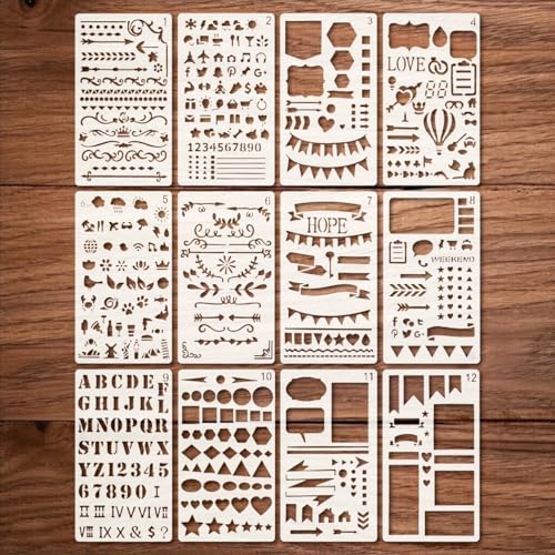 BLOSSOMLAYER 12pcs Journal Stencils 4 * 7 Inch Reusable Plastic Templates Set Planner Stencils Paint Template Bullet Journaling Supplies for Daily Planner Weekly Schedule Habit Tracker Note
