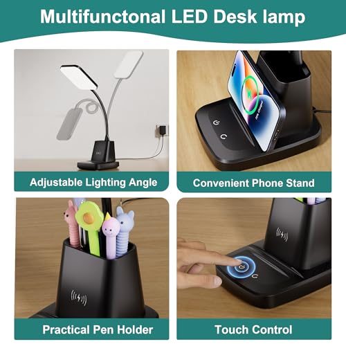 LED Desk Lamp with Wireless Charger and Pen Holder for Home Office or College Dorm Room