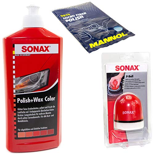 Sonax Kit de polissage et cire de polissage Rouge 500 ml, Lustreur carrosserie voiture + éponge P Ball + chiffon en microfibre