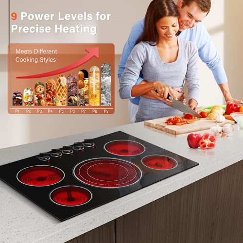 Image of 30 Inch Built-in Electric Cooktop with Expandable Triple Ring Burners, 5 Burner 9000W Ceramic Stove Top - Easy Knob Controls & Residual Heat Indicator (220-240V Hardwired)