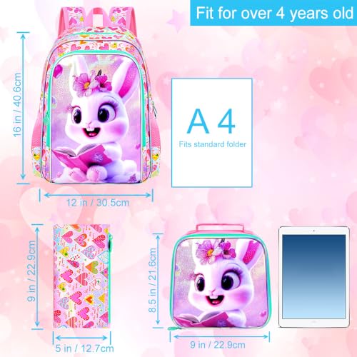 Image of CCJPX 3Pcs Bunny Backpack for Girls, 16 inch Kids Bookbag with Lunch Box, Water Resistant Elementary School Bag for Kindergarten Preschool Toddler (Pink)
