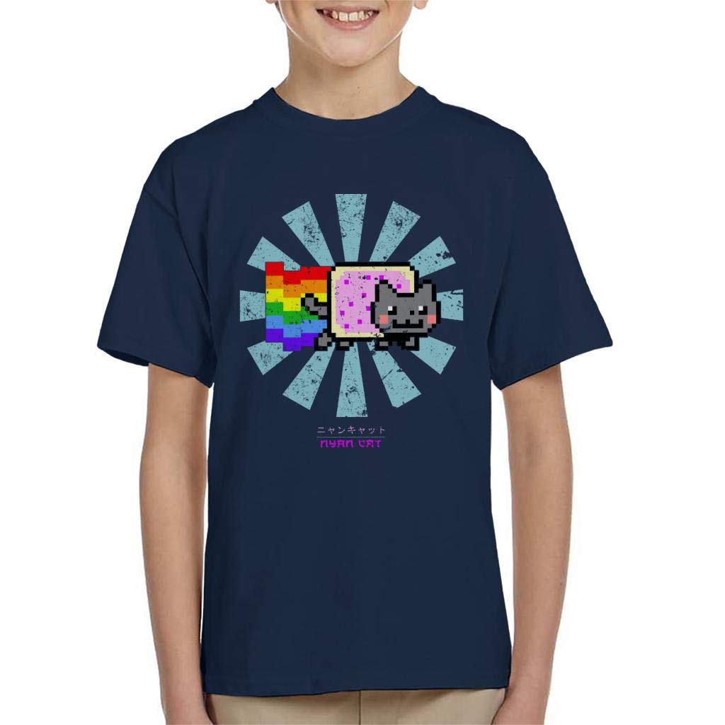 Cloud City 7 Nyan Cat Retro Japanese Kid's T-Shirt Navy Blue