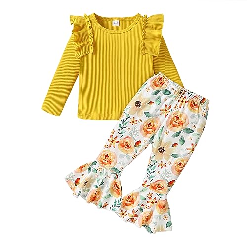 Image of YOUNGER TREE Toddler Girl Clothes Outfits Baby Girl Clothes Long Sleeve Ruffle Top Floral Pants Set Fall Winter Girl Outfit(12-18 Months,Yellow)