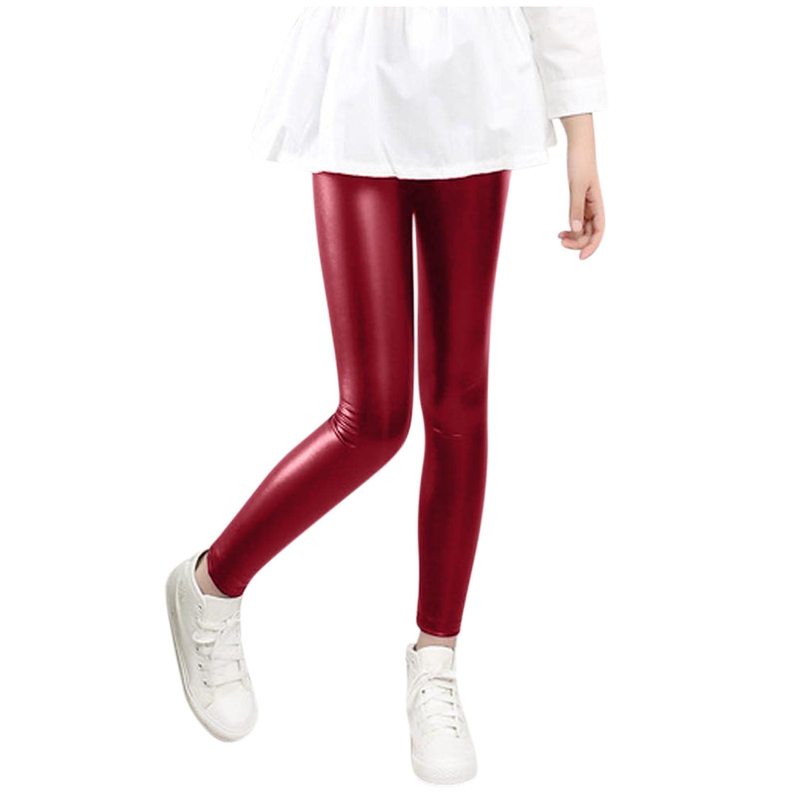 Kids Toddler Girls Faux Leather Pants Shiny Stretchy Leggings Tights Solid Color Elastic Waist Pencil (Red, 2-3 Years)